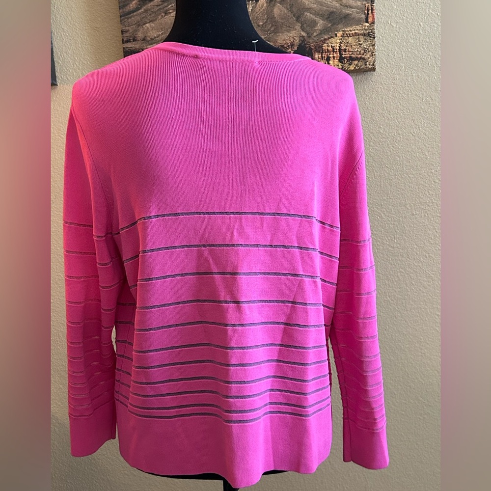 Peter Nygard Hot Pink Open-Front Cardigan with Sheer Silver Stripes - Picture 4 of 6